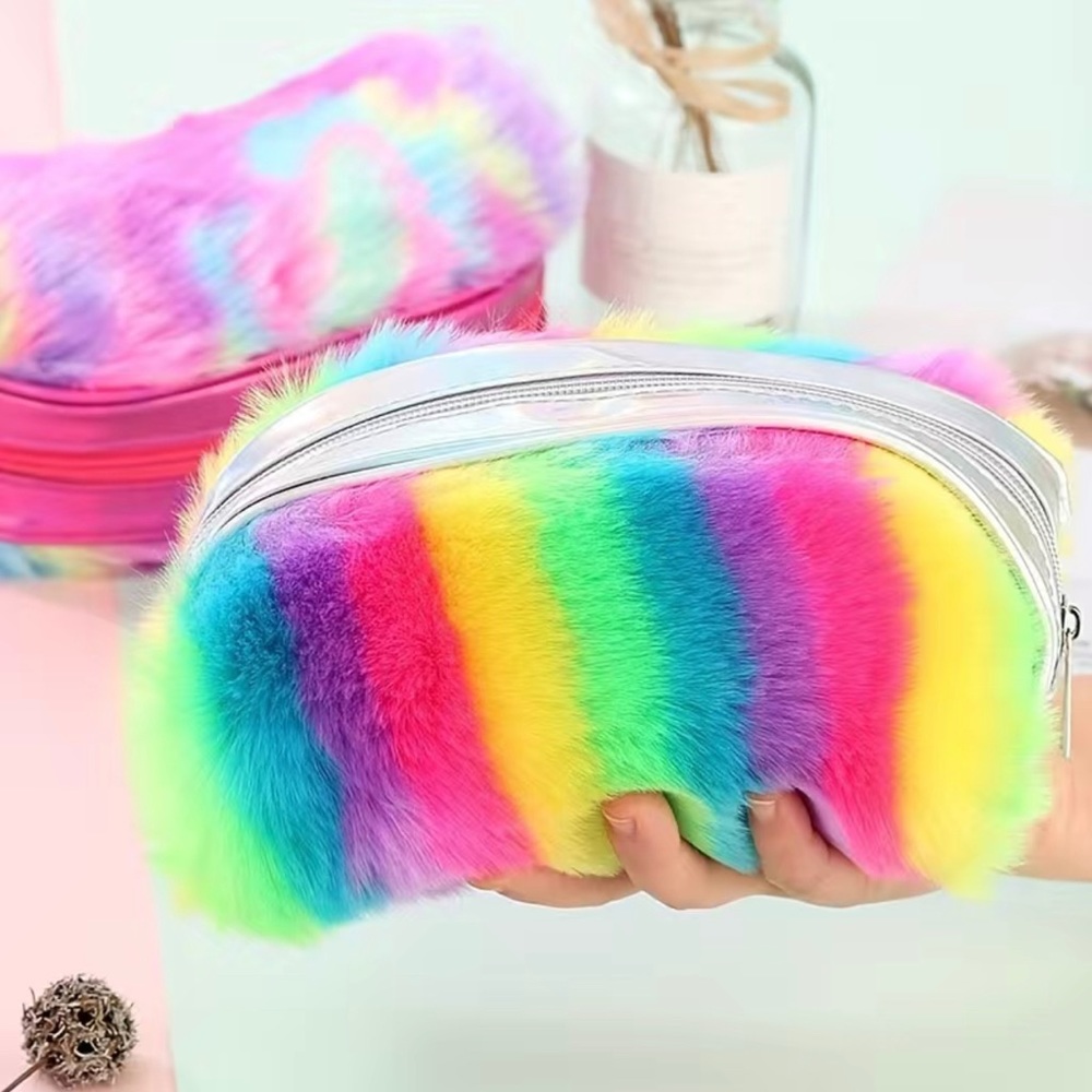 Cosmetic Bag Rainbow Iridescent Plush Pencil Case Zippered